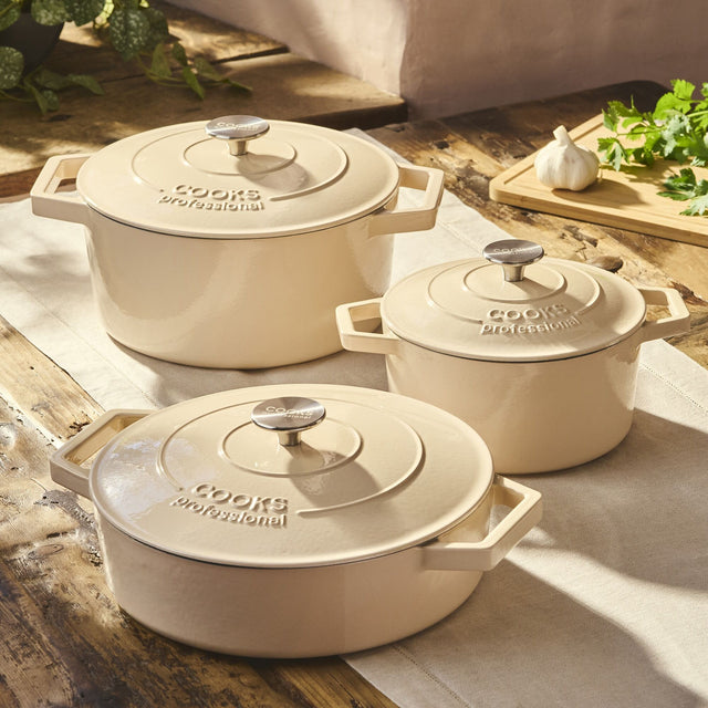 Cooks Professional Set of 3 Cast Iron Casserole | 20cm, 26cm and 28cm | Ivory