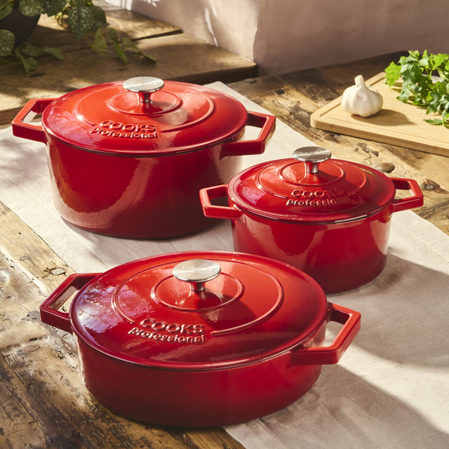Cooks Professional Set of 3 Cast Iron Casserole | 20cm, 26cm and 28cm | Red