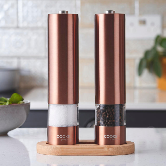 Cooks Professional Electric Salt and Pepper Mill Set with Bamboo Base | Copper