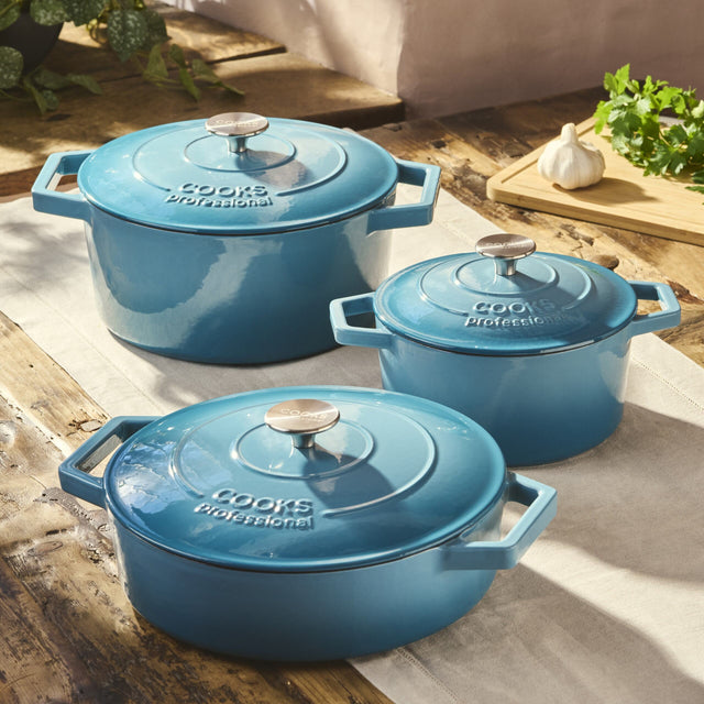 Cooks Professional Set of 3 Cast Iron Casserole | 20cm, 26cm and 28cm | Teal