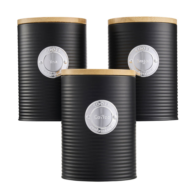 Cooks Professional 3 Piece Kitchen Storage Set with Bamboo Lids | Black / Silver