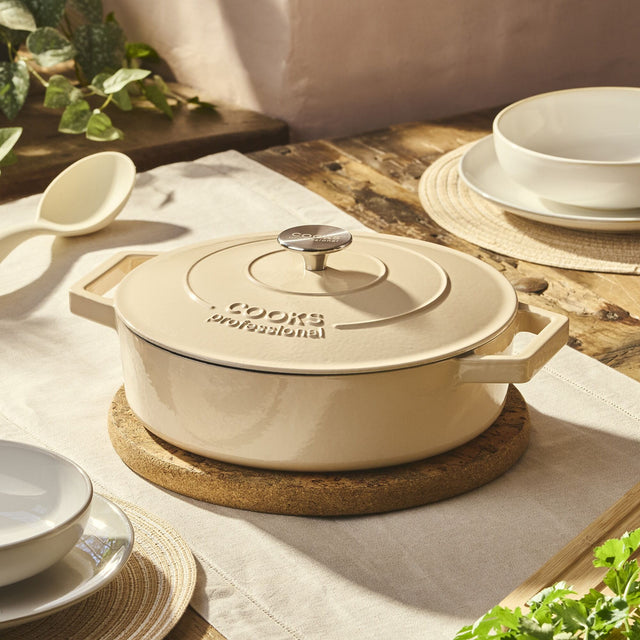 Cooks Professional Set of 3 Cast Iron Casserole | 20cm, 26cm and 28cm | Ivory
