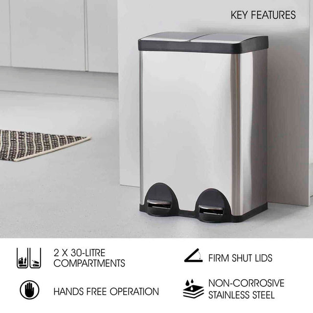 Cooks Professional 60L Recycling Pedal Bin | Dual Pedal - Silver