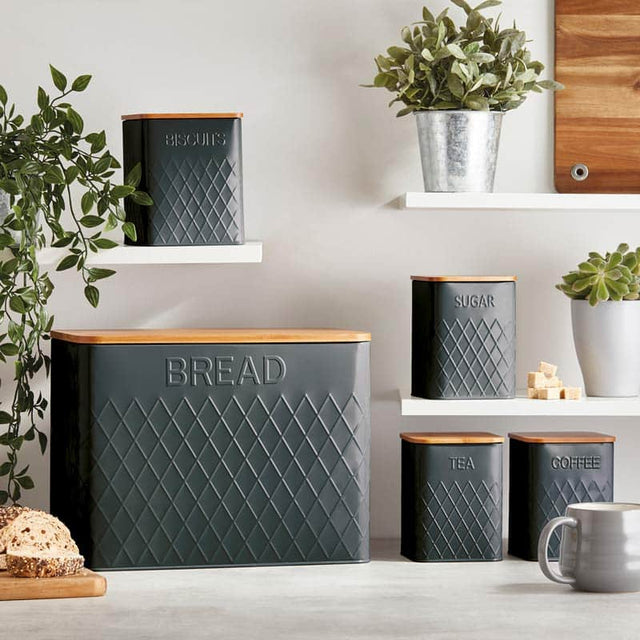 Cooks Professional 5 Piece Square Kitchen Storage Set with Bamboo Lids | Dark Grey