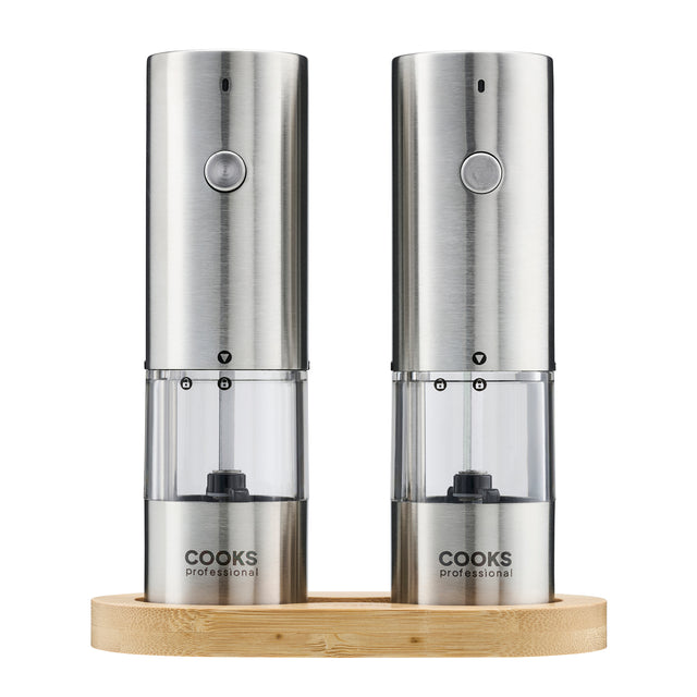 Cooks Professional Rechargeable Salt and Pepper Mill Set with Bamboo Base | Silver