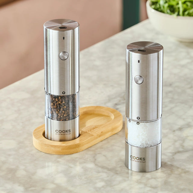 Cooks Professional Rechargeable Salt and Pepper Mill Set with Bamboo Base | Silver