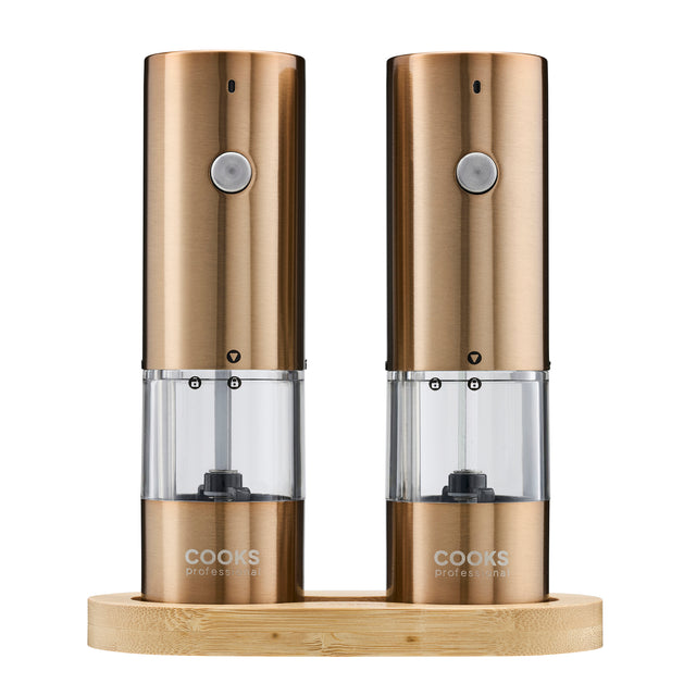 Cooks Professional Rechargeable Salt and Pepper Mill Set with Bamboo Base | Copper