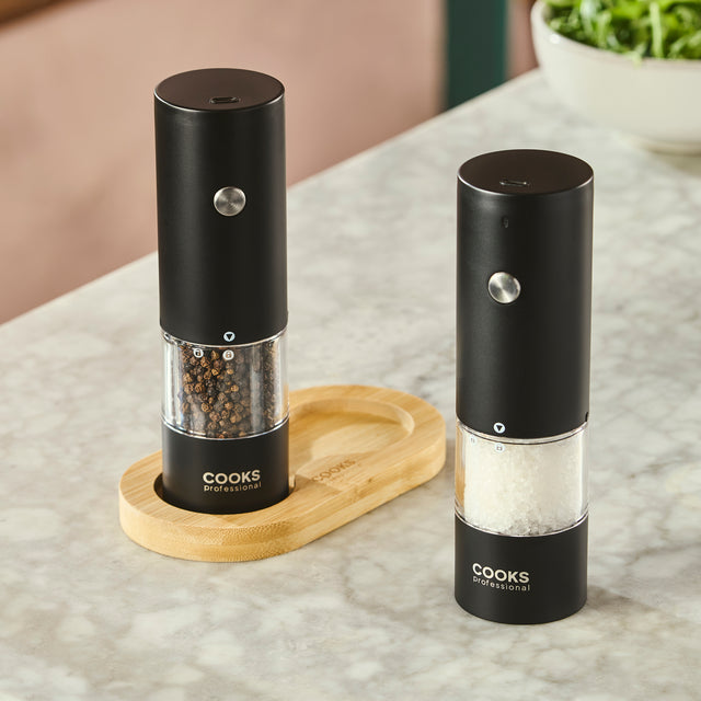 Cooks Professional Rechargeable Salt and Pepper Mill Set with Bamboo Base | Black