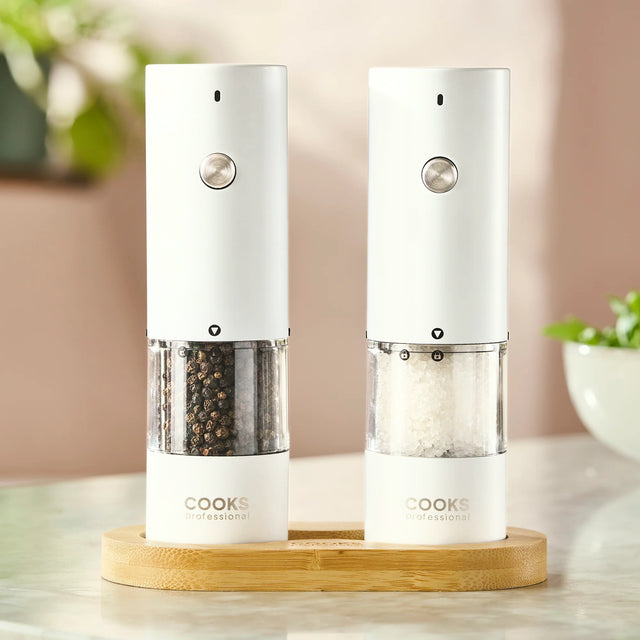 Cooks Professional Rechargeable Salt and Pepper Mill Set with Bamboo Base | White
