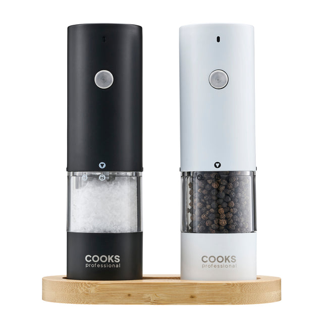 Cooks Professional Rechargeable Salt and Pepper Mill Set with Bamboo Base | Black and White