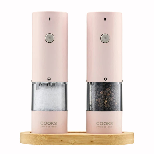 Cooks Professional Rechargeable Salt and Pepper Mill Set with Bamboo Base | Pink