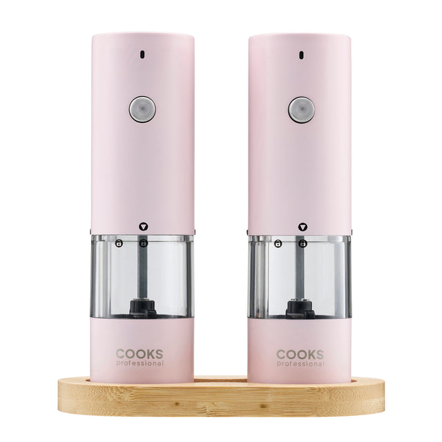 Cooks Professional Rechargeable Salt and Pepper Mill Set with Bamboo Base | Pink