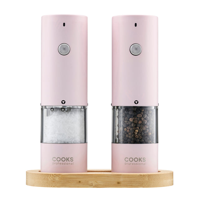 Cooks Professional Rechargeable Salt and Pepper Mill Set with Bamboo Base | Pink
