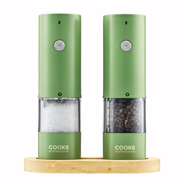 Cooks Professional Rechargeable Salt and Pepper Mill Set with Bamboo Base | Green