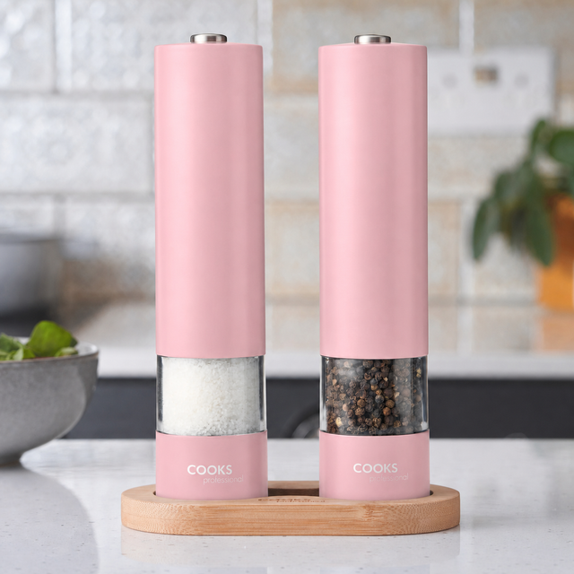 Cooks Professional Electric Salt and Pepper Mill Set with Bamboo Base | Pink