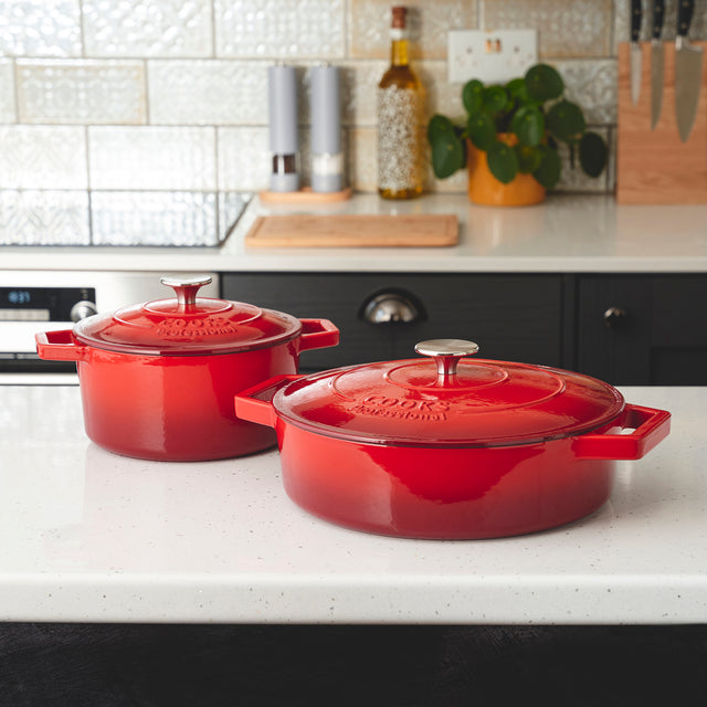 Cooks Professional Set of 2 Cast Iron Casserole | 20cm and 28cm | Graduated Red
