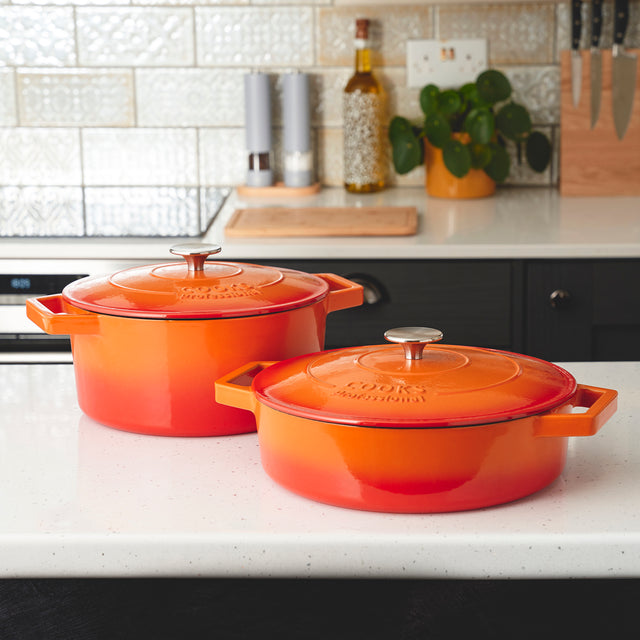 Cooks Professional Set of 2 Cast Iron Casserole | 26cm and 28cm | Graduated Orange