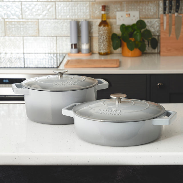 Cooks Professional Set of 2 Cast Iron Casserole | 26cm and 28cm | Graduated Grey