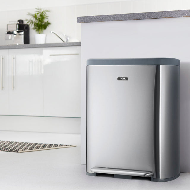 Cooks Professional 60L Dual Recycling Slimline Pedal Bin | Silver