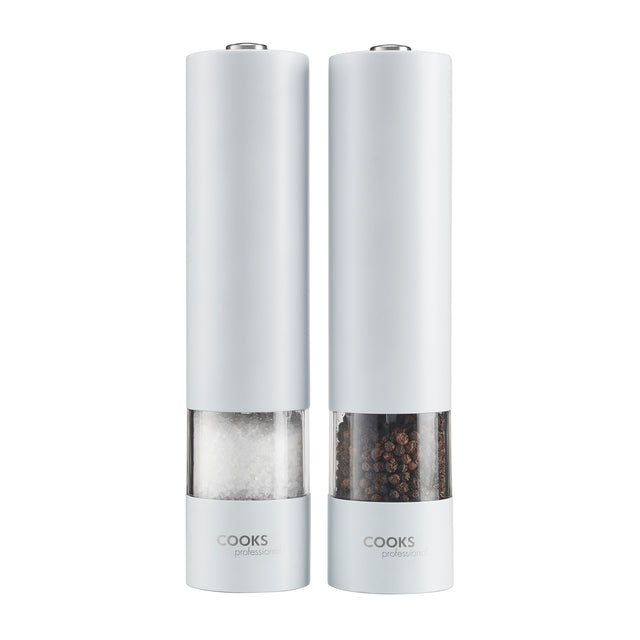 Cooks Professional Electric Salt and Pepper Mill Set with Bamboo Base | White