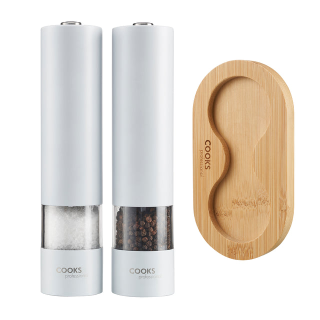 Cooks Professional Electric Salt and Pepper Mill Set with Bamboo Base | White