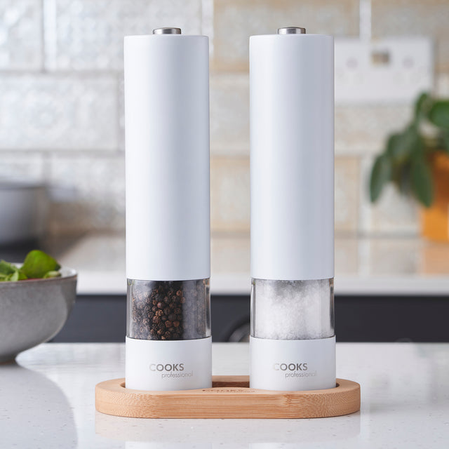 Cooks Professional Electric Salt and Pepper Mill Set with Bamboo Base | White