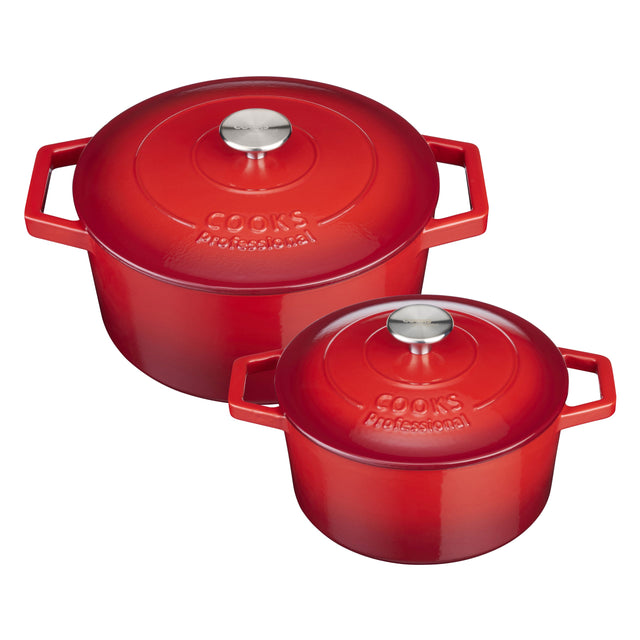 Cooks Professional Set of 2 Cast Iron Casserole | 20cm and 26cm | Graduated Red