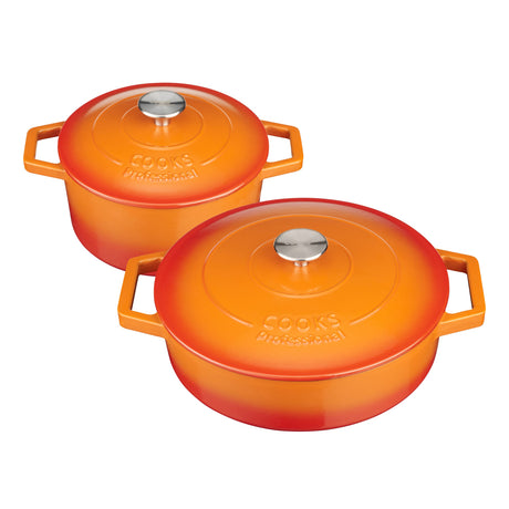 Cooks Professional Set of 2 Cast Iron Casserole | 20cm and 28cm | Graduated Orange