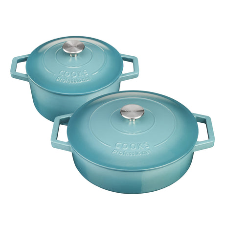 Cooks Professional Set of 2 Cast Iron Casserole | 20cm and 28cm | Graduated Teal