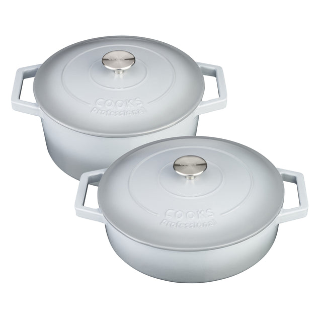 Cooks Professional Set of 2 Cast Iron Casserole | 26cm and 28cm | Graduated Grey