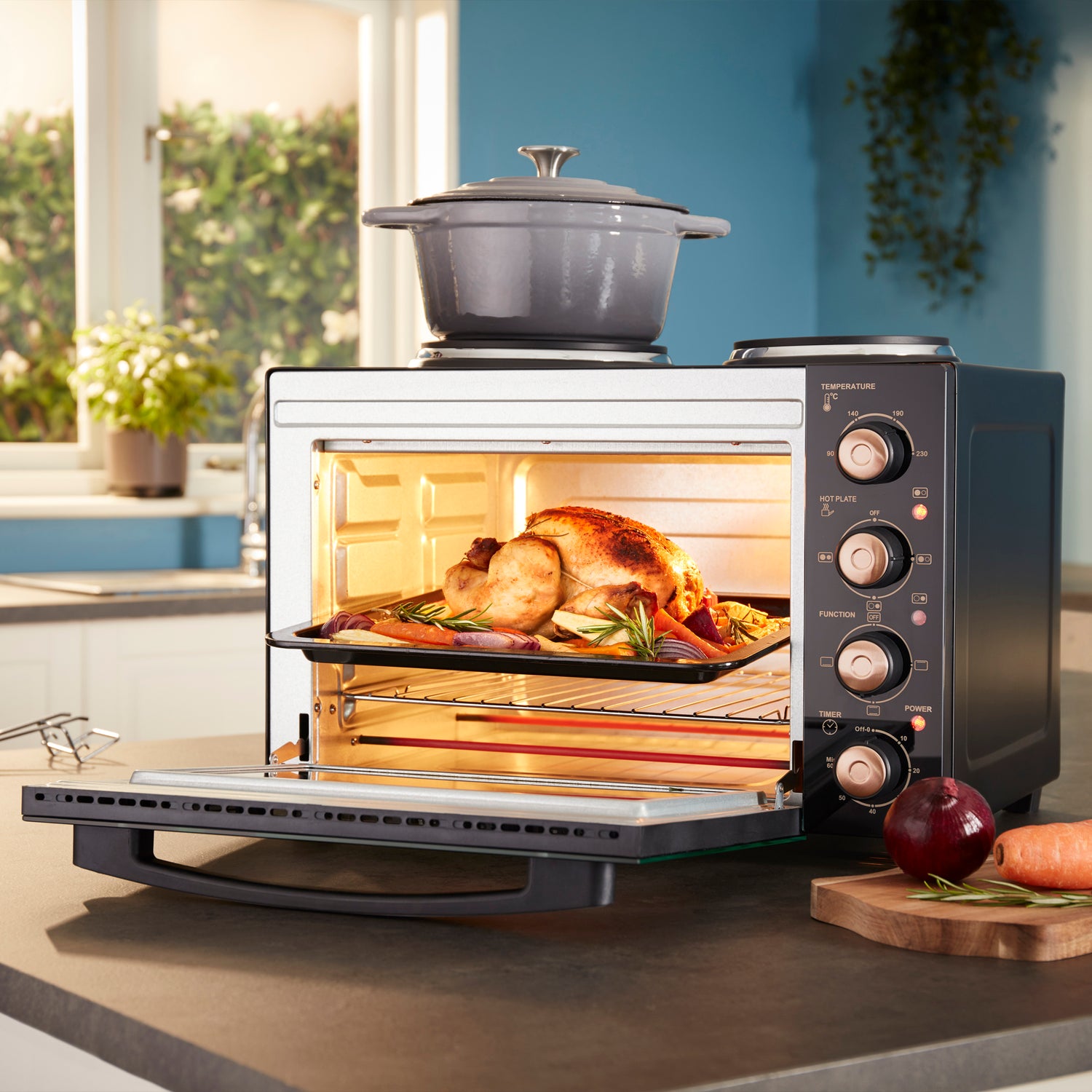 Cooks Professional 34L Mini Oven with 2 Hobs | Black / Copper