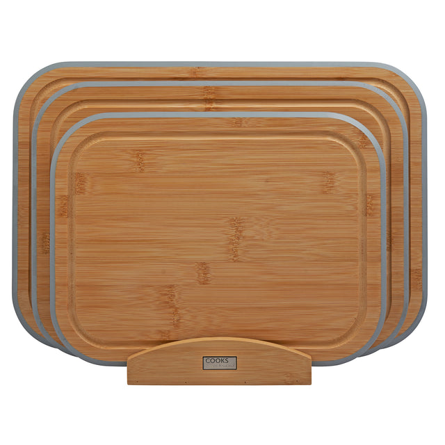 Cooks Professional 3 Piece Bamboo Chopping Board Set with Stand | Grey Edging