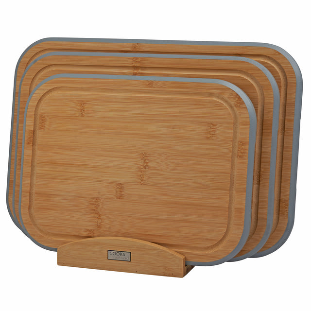 Cooks Professional 3 Piece Bamboo Chopping Board Set with Stand | Grey Edging
