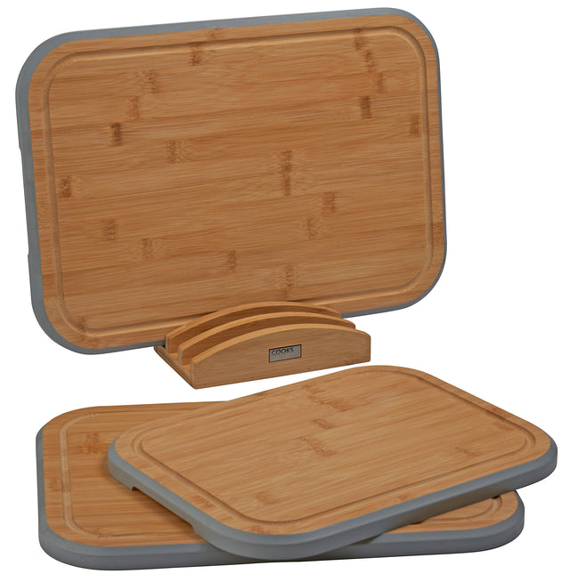 Cooks Professional 3 Piece Bamboo Chopping Board Set with Stand | Grey Edging
