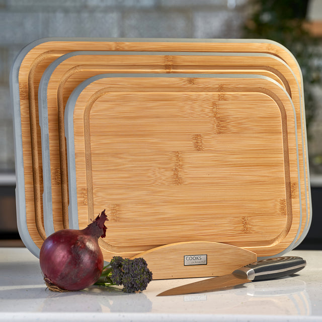 Cooks Professional 3 Piece Bamboo Chopping Board Set with Stand | Grey Edging