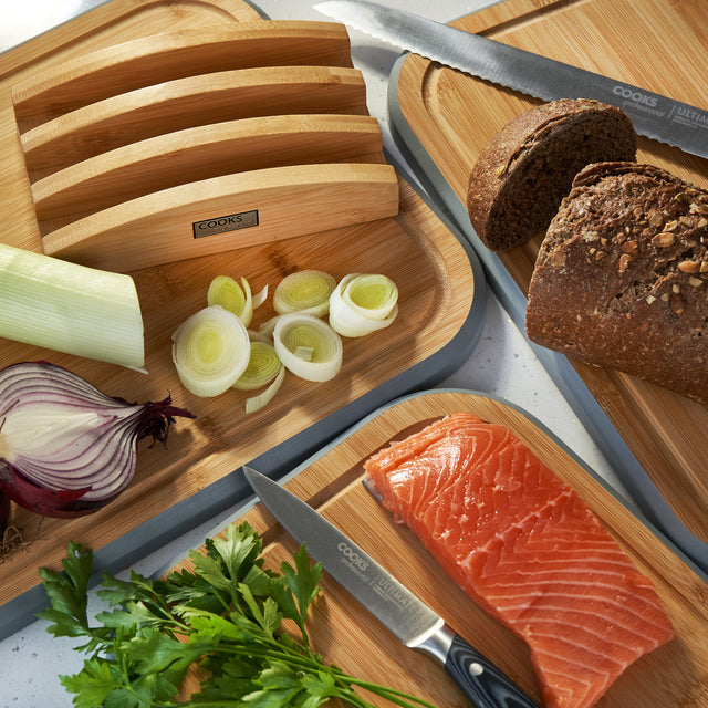 Cooks Professional 3 Piece Bamboo Chopping Board Set with Stand | Grey Edging