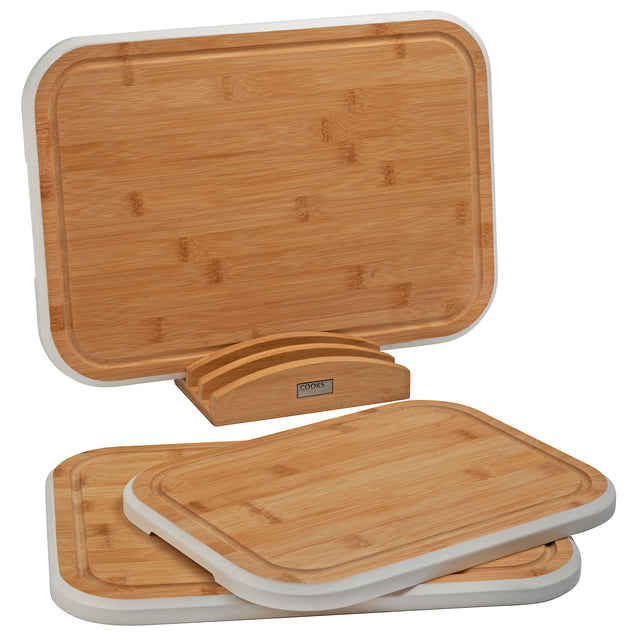 Cooks Professional 3 Piece Bamboo Chopping Board Set with Stand | White Edging