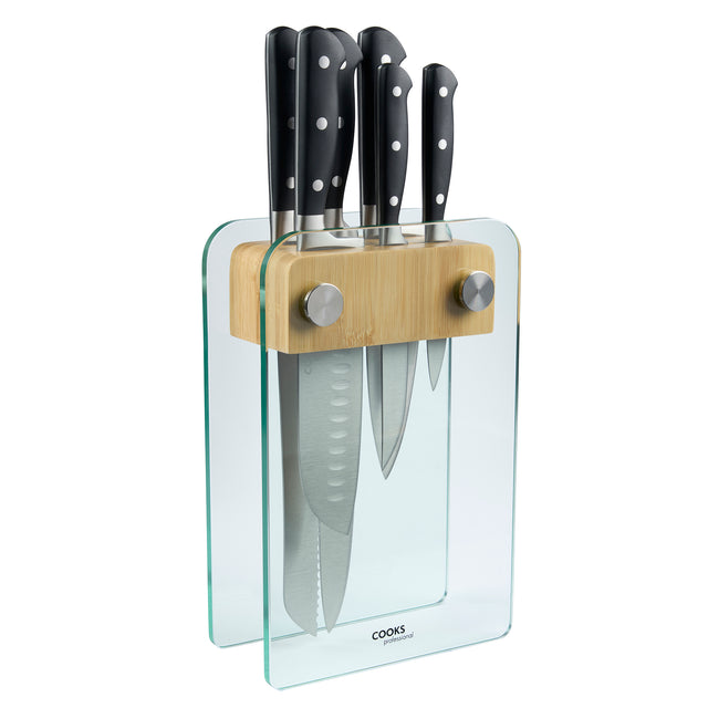 Cooks Professional PRECISION 6 Piece Knife Set with Glass and Bamboo Knife Block