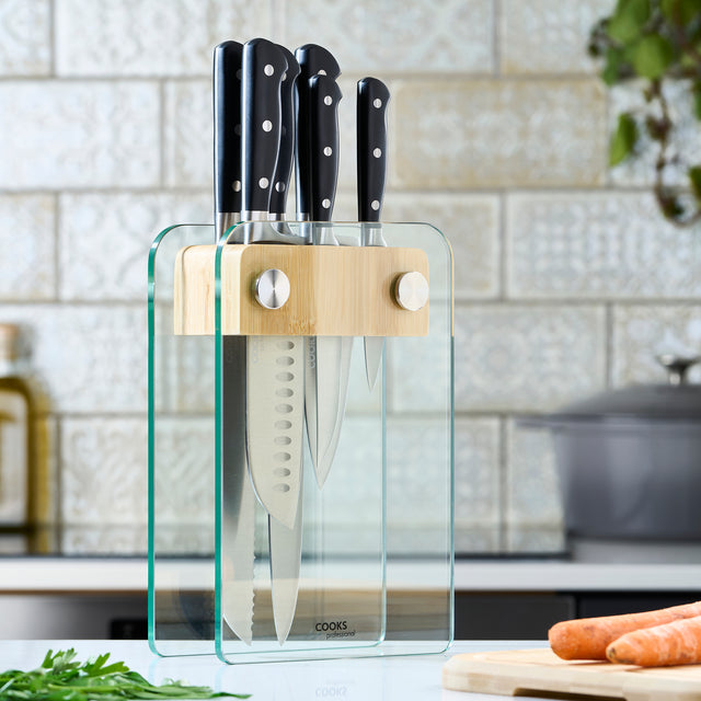 Cooks Professional PRECISION 6 Piece Knife Set with Glass and Bamboo Knife Block