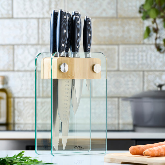 Cooks Professional ULTIMATE 6 Piece Knife Set with Glass and Bamboo Knife Block