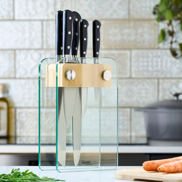 Cooks Professional PRECISION 5 Piece Knife Set with Glass and Bamboo Knife Block