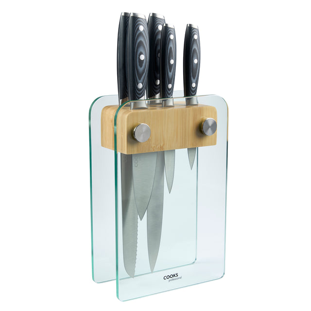 Cooks Professional ULTIMATE 5 Piece Knife Set with Glass and Bamboo Knife Block