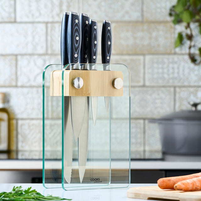 Cooks Professional ULTIMATE 5 Piece Knife Set with Glass and Bamboo Knife Block