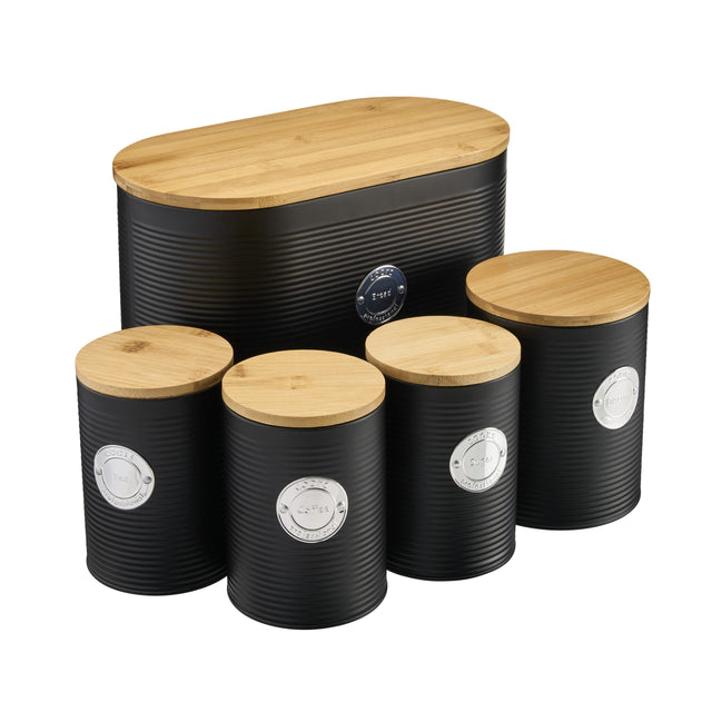 Cooks Professional 5 Piece Kitchen Storage Set with Bamboo Lids | Black / Silver