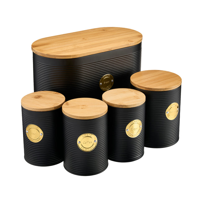 Cooks Professional 5 Piece Kitchen Storage Set with Bamboo Lids | Black / Gold