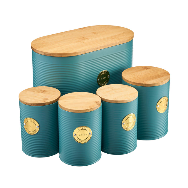 Cooks Professional 5 Piece Kitchen Storage Set with Bamboo Lids | Teal / Gold
