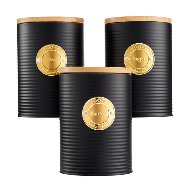 Cooks Professional 5 Piece Kitchen Storage Set with Bamboo Lids | Black / Gold