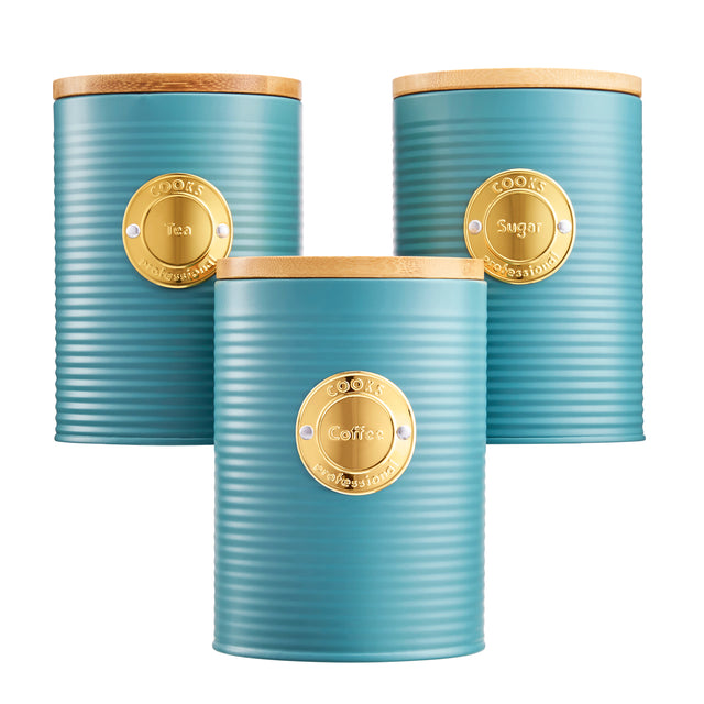 Cooks Professional 3 Piece Kitchen Storage Set with Bamboo Lids | Teal / Gold