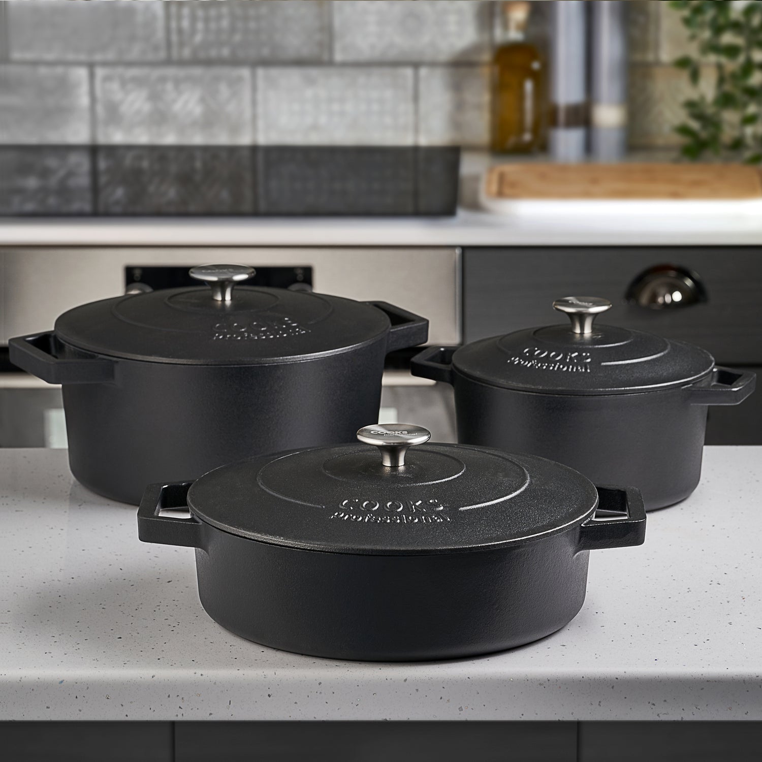 Cooks Professional Set of 3 Cast Iron Casserole | 20cm, 26cm and 28cm | Matte Black