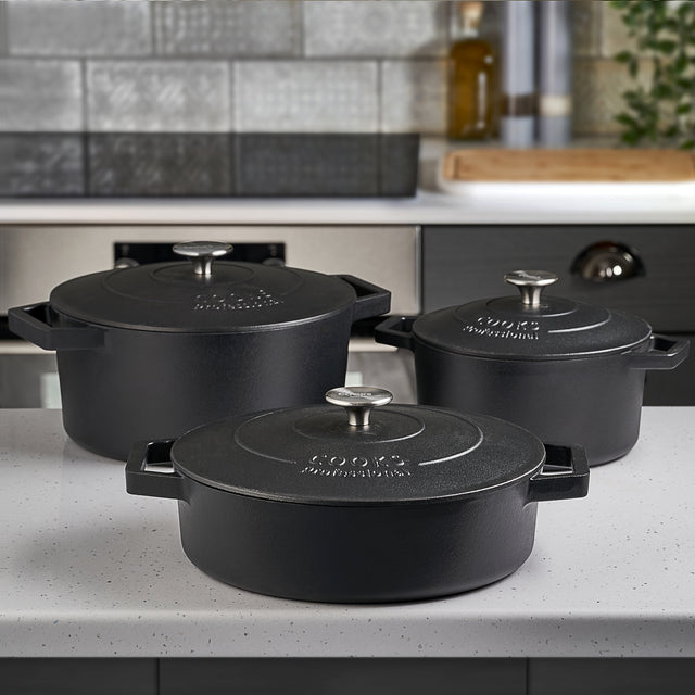 Cooks Professional Set of 3 Cast Iron Casserole | 20cm, 26cm and 28cm | Matte Black
